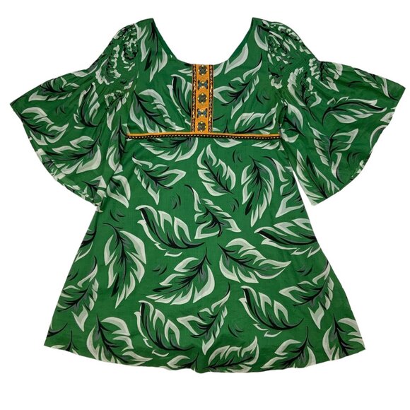 Anthropologie Vanessa Virginia Musa Dress 8 Green Tropical Mini Flare Sleeve - Picture 11 of 12